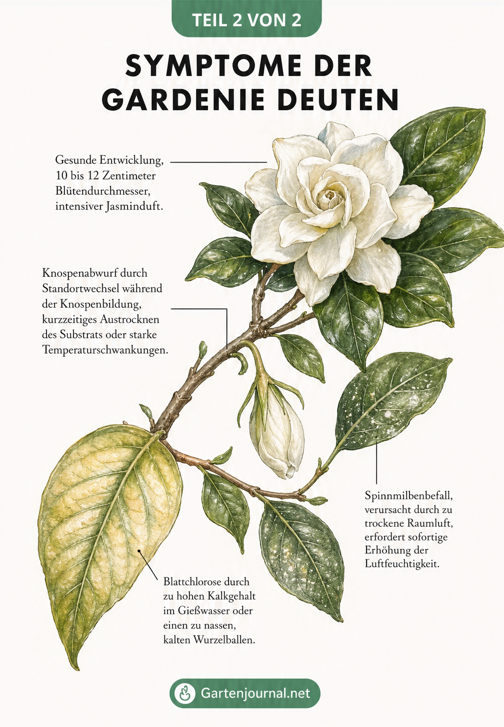 Illustration eines Gardenienzweigs, die Symptome wie Knospenabwurf, Blattchlorose und Spinnmilbenbefall erklärt