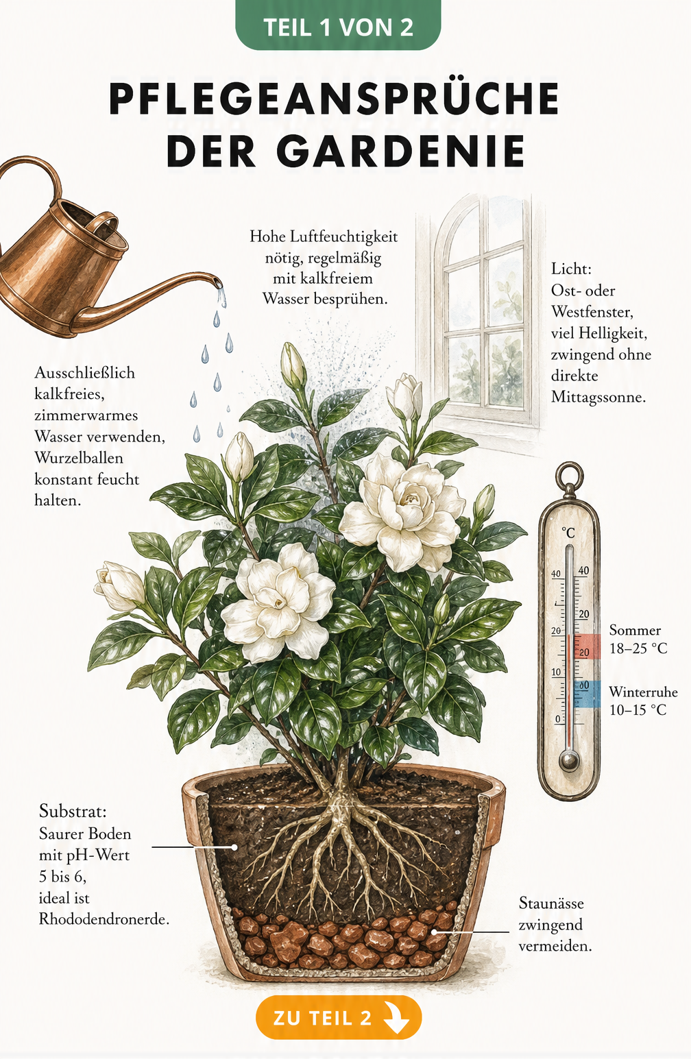 Botanische Illustration einer Gardenie im Terrakottatopf mit Pflegehinweisen zu Standort, Temperatur, Substrat und Gießen