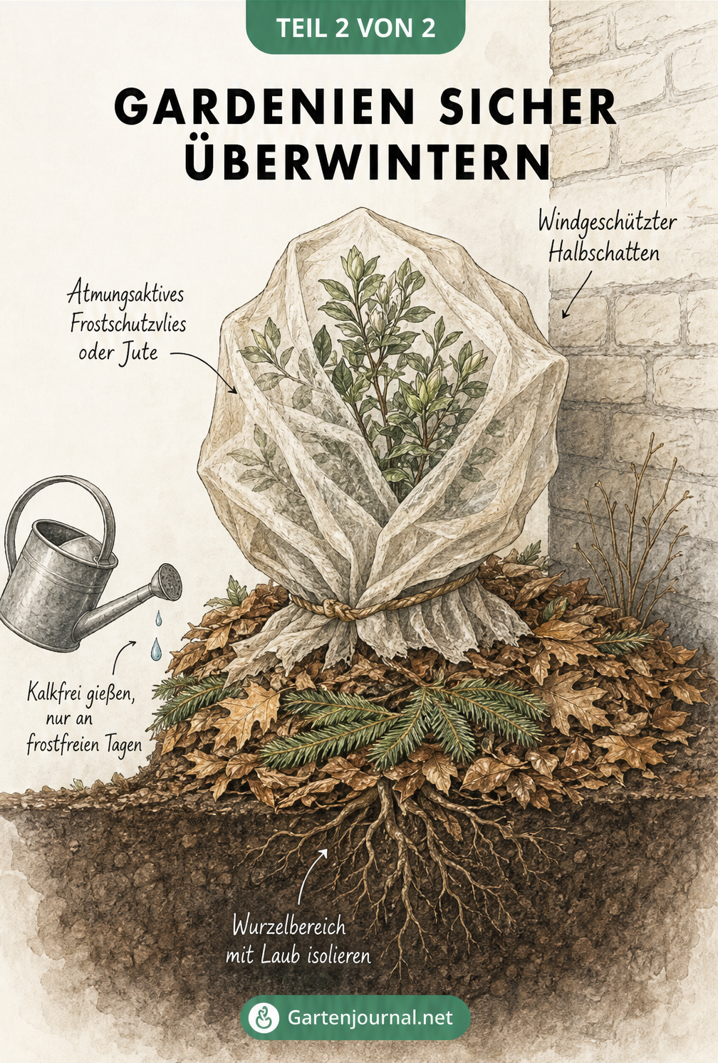 Schnittbild eines Gartenbeets, das zeigt, wie man eine Gardenie mit Laub im Wurzelbereich und Frostschutzvlies überwintert.