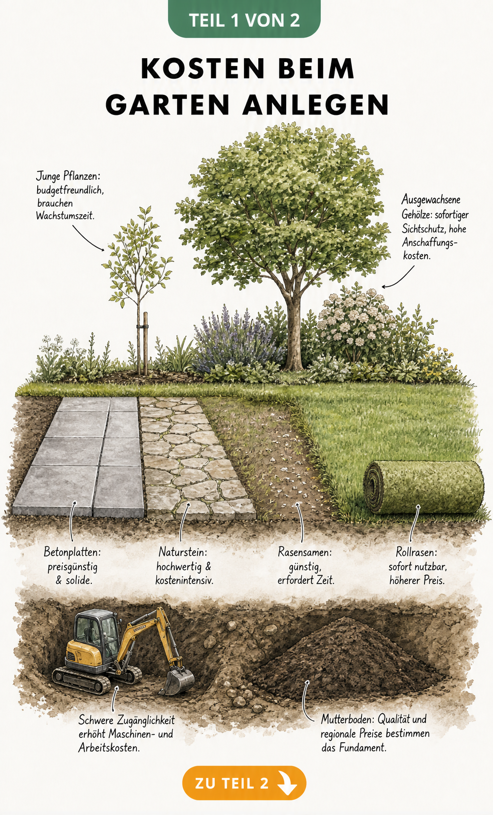 Querschnitts-Illustration eines Gartens mit Preisvergleichen für Untergrund, Wege, Rasen und Bepflanzung