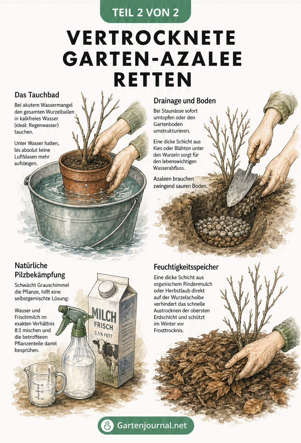 Skizzen von vier Handgriffen zur Rettung einer vertrockneten Azalee: Tauchbad, Drainage, natürliche Pilzbekämpfung und Mulchen.