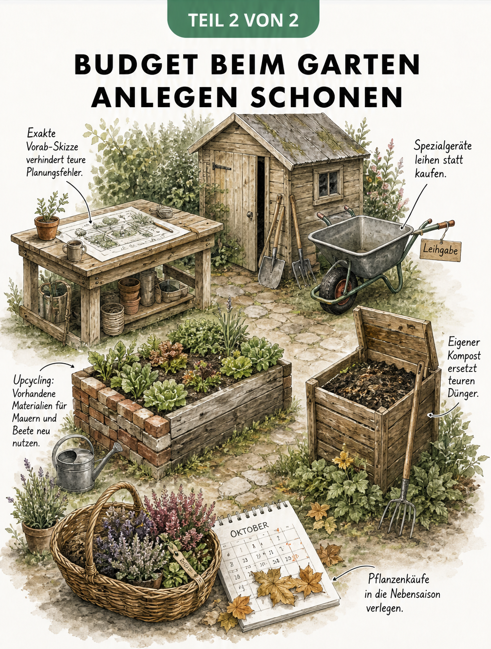 Isometrische Illustration eines Gartens mit Spartipps wie Upcycling, Kompost und Leihgeräten