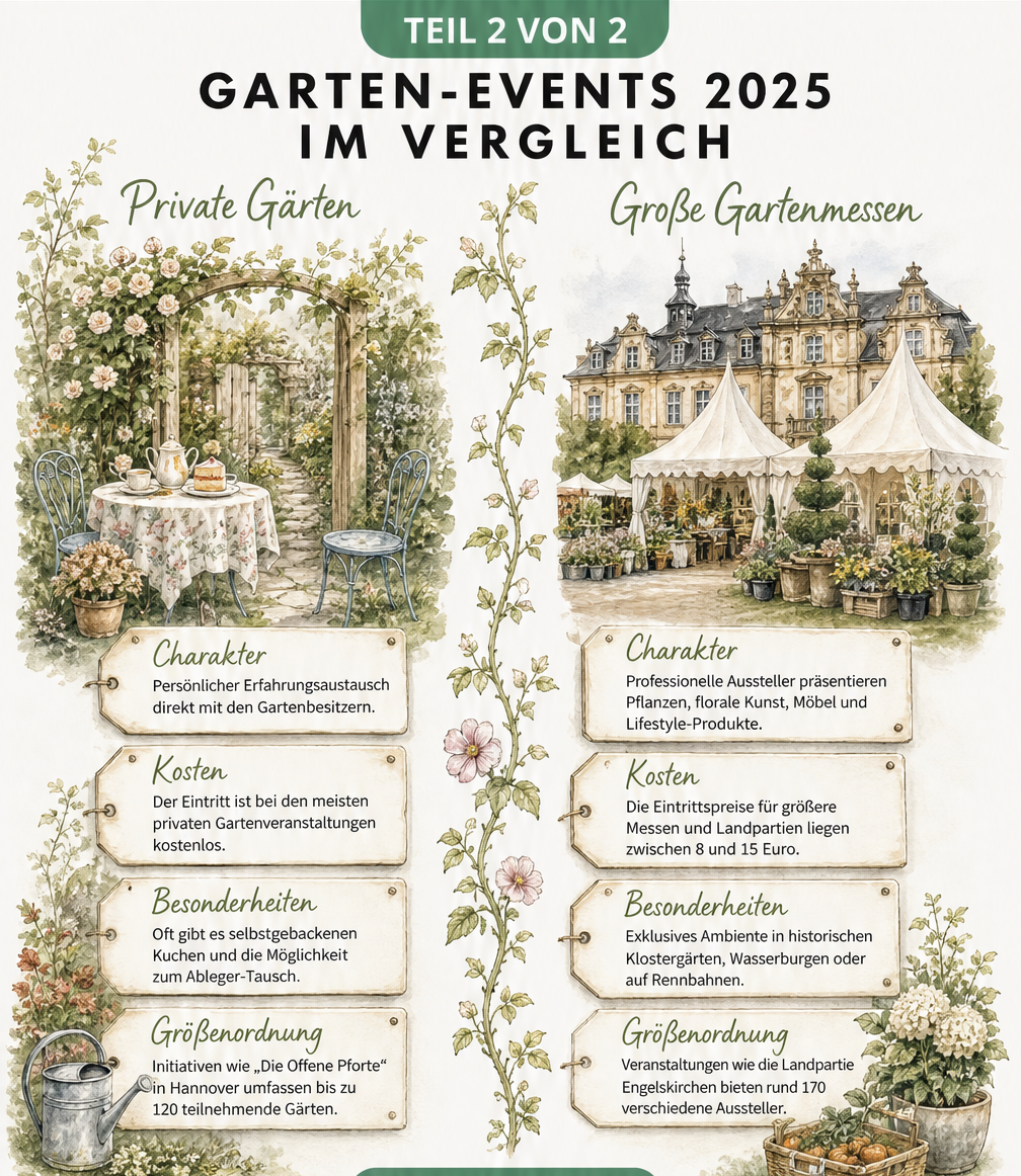 Vergleich zwischen privaten Gartenveranstaltungen und großen Gartenmessen mit Illustrationen von Gartentor und Barockschloss