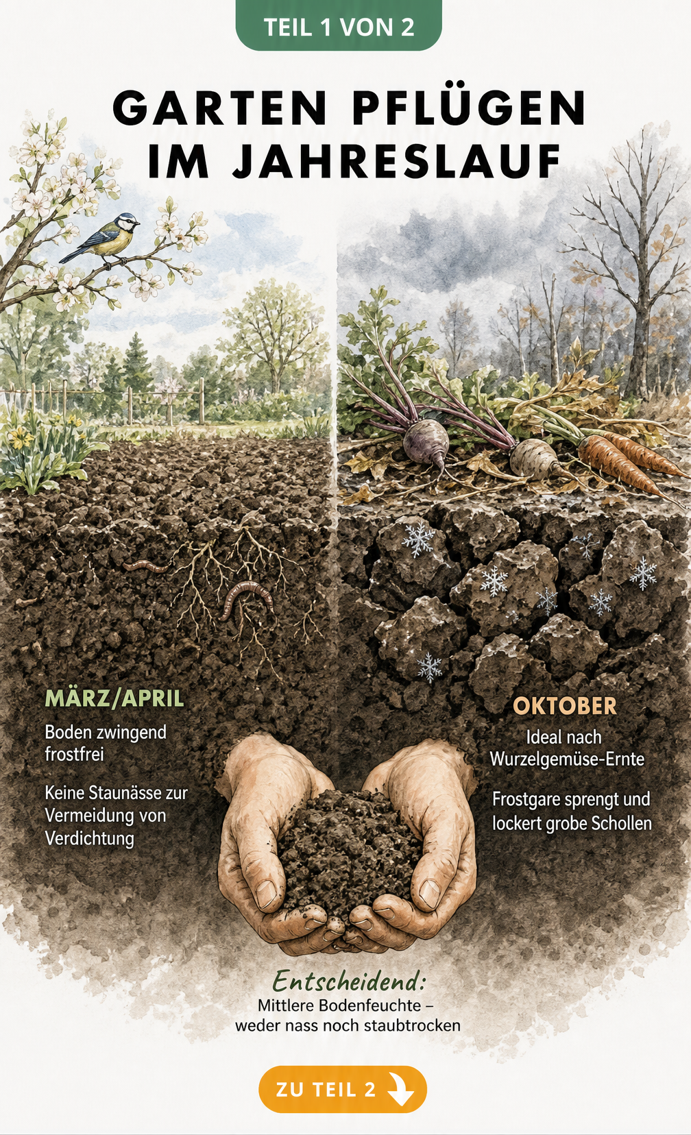 Illustration eines Bodenquerschnitts im Frühling und Herbst, die den optimalen Zeitpunkt zum Pflügen des Gartens zeigt.