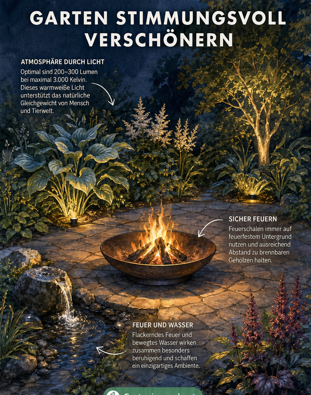 Abendliche Gartenszene mit Feuerschale, Quellstein und dezent beleuchteten schattenliebenden Pflanzen