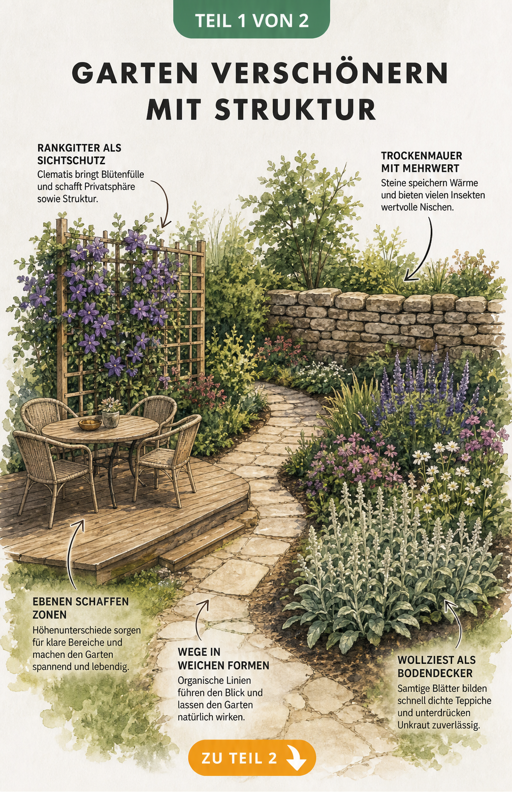 Isometrische Zeichnung eines Gartens mit Natursteinweg, Holzpodest, Rankgitter mit Clematis und Wollziest-Beet