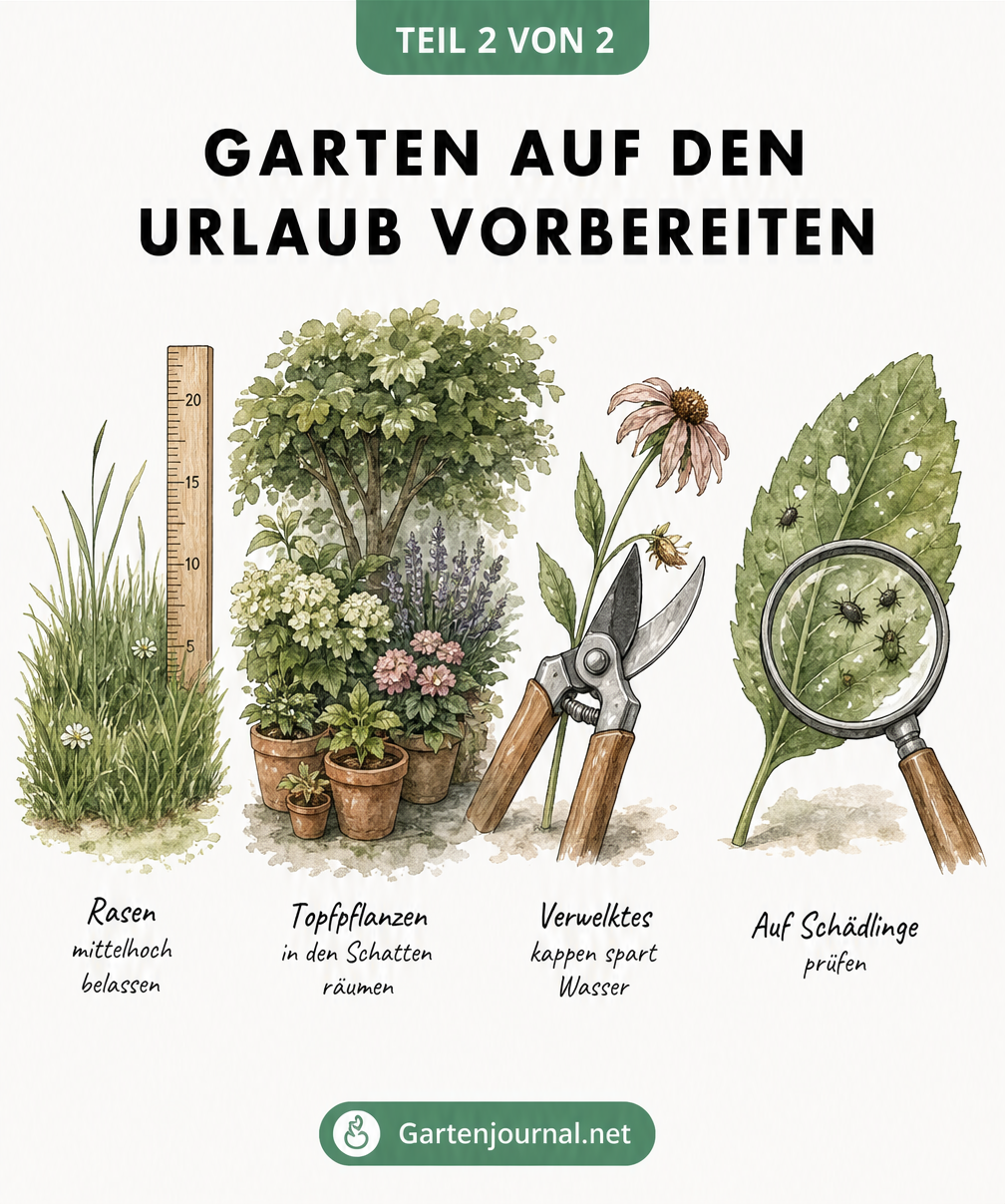 Illustration von vier Pflegeschritten zur Urlaubsvorbereitung im Garten: Rasen mähen, Topfpflanzen in den Schatten stellen, Verwelktes abschneiden und auf...