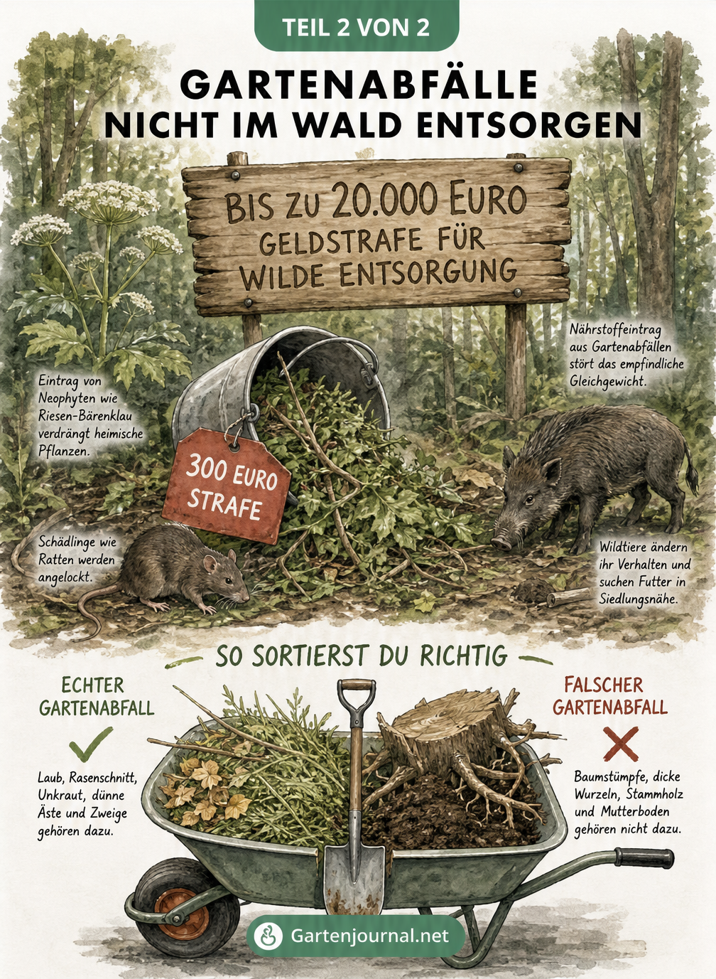 Illustration der Folgen illegaler Entsorgung von Gartenabfällen im Wald und Sortierhilfe für echten Gartenabfall