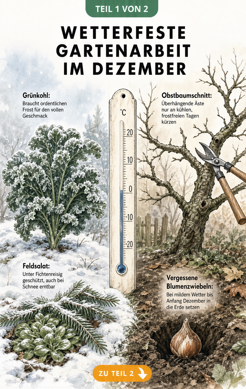 Illustration eines winterlichen Gartens mit Grünkohl im Frost, Feldsalat unter Reisig und Obstbaumschnitt an milden Tagen