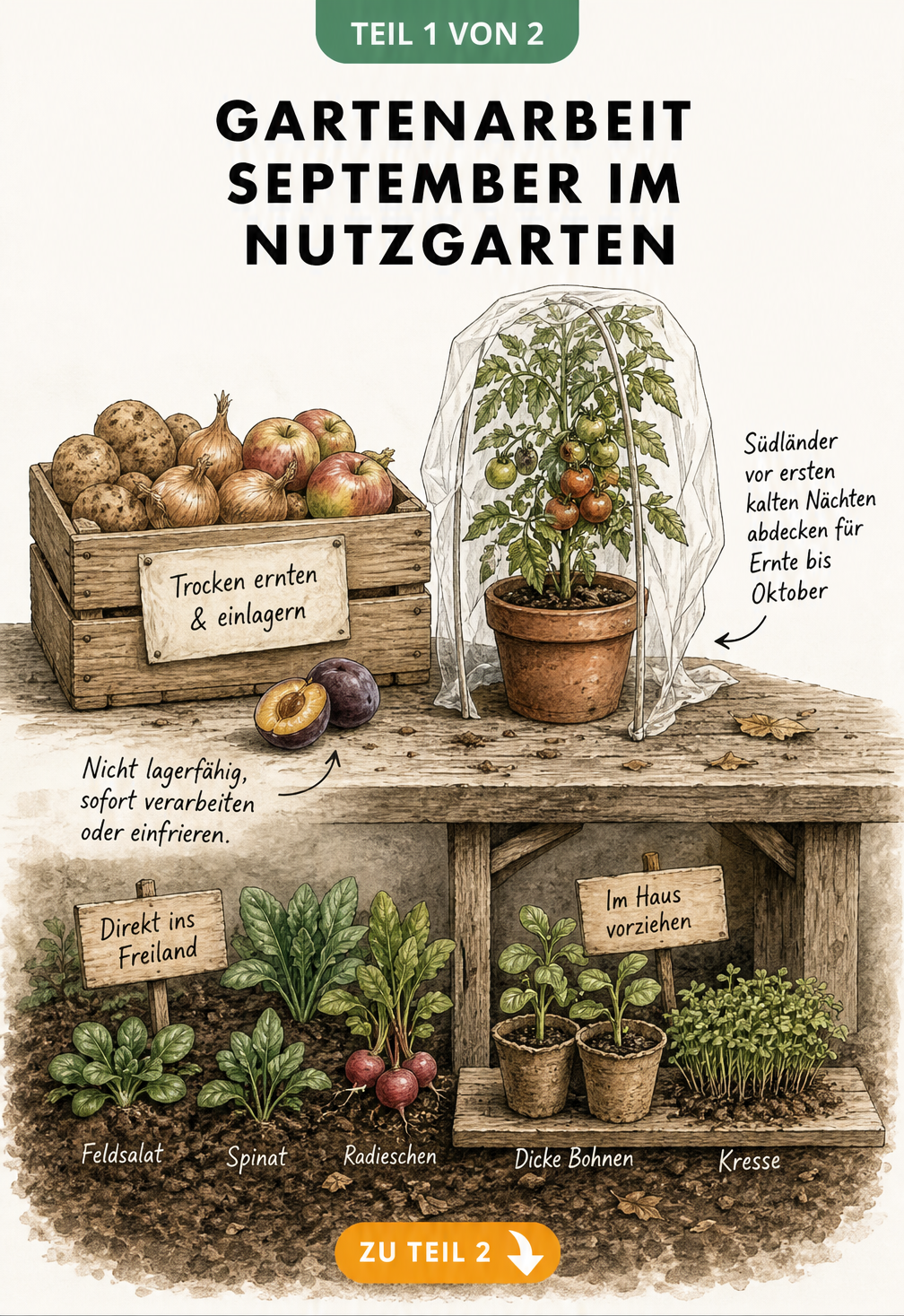 Illustration eines Pflanztisches mit Erntegut wie Kartoffeln und Äpfeln sowie Saatgut und Keimlingen für den Nutzgarten im September.