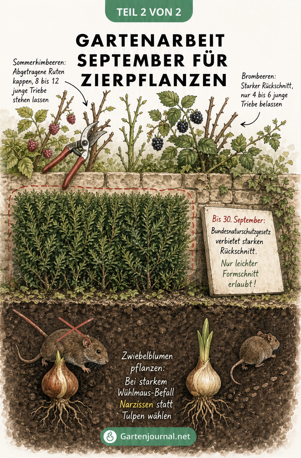Illustration einer Gartenmauer mit Himbeersträuchern, einer Nadelhecke und Blumenzwiebeln, die Schnittregeln und Pflanztipps für Zierpflanzen im September...