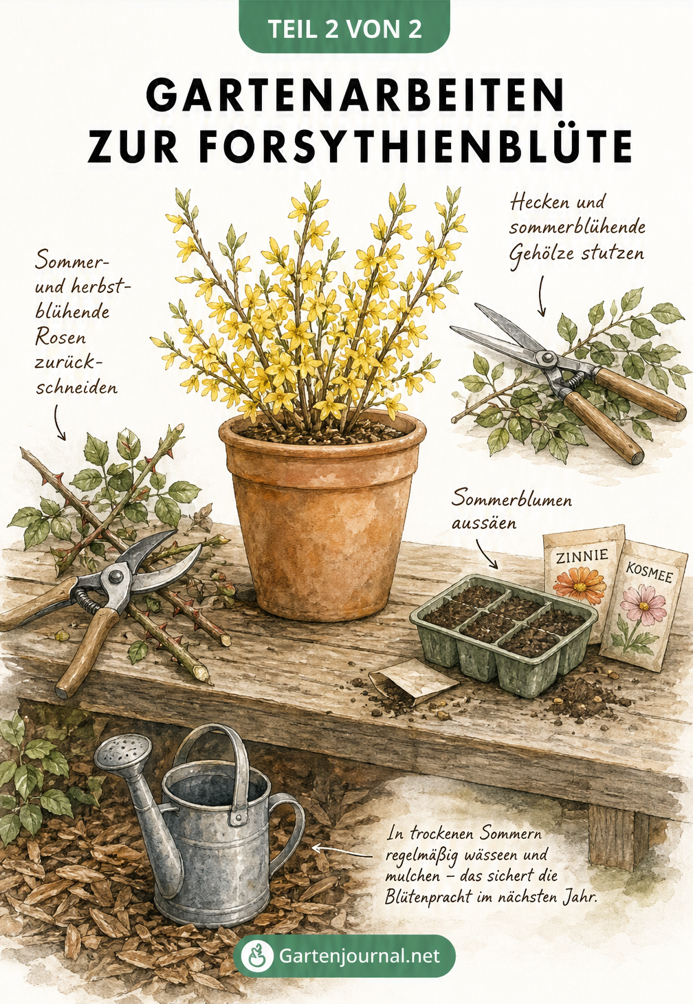 Illustration eines Pflanztisches mit Forsythie und anstehenden Gartenarbeiten wie Rosenschnitt und Aussaat