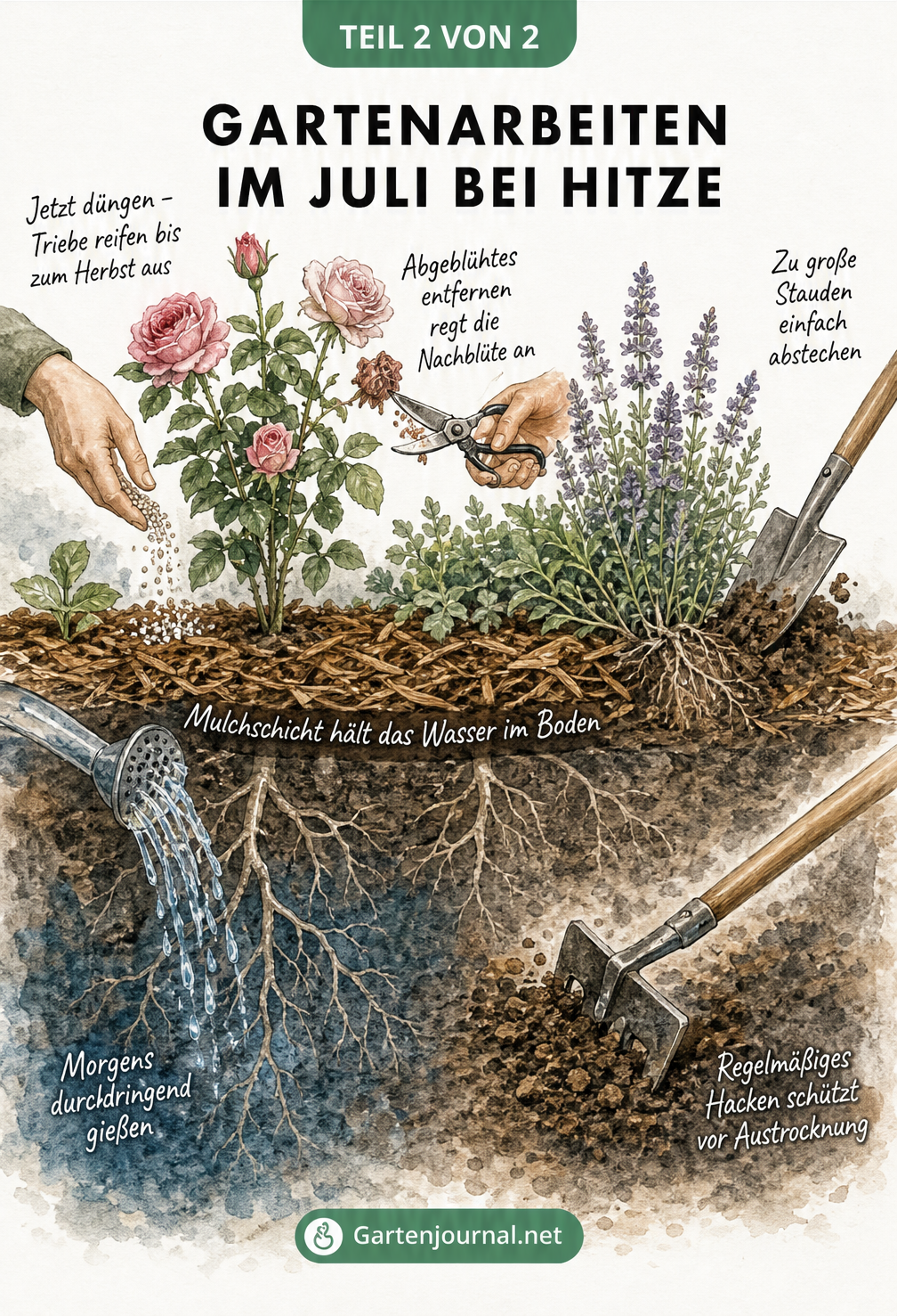 Querschnitt durch Gartenboden und Zierpflanzen mit Tipps zu Düngung, Schnitt und Bewässerung bei Hitze