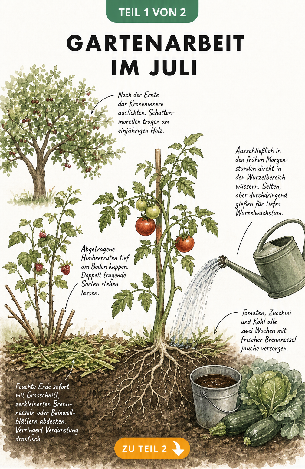 Botanische Querschnitt-Illustration eines Sommerbeets mit Beerenstrauch, Kirschbaum und Tomatenpflanze, die Gartenarbeiten im Juli zeigt.