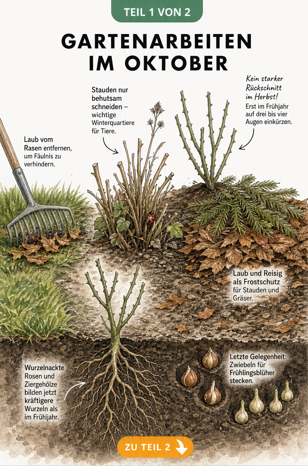 Illustration eines herbstlichen Gartenbeets mit Laub als Frostschutz, einem Marienkäfer im Stauden-Winterquartier und wurzelnackten Rosen.