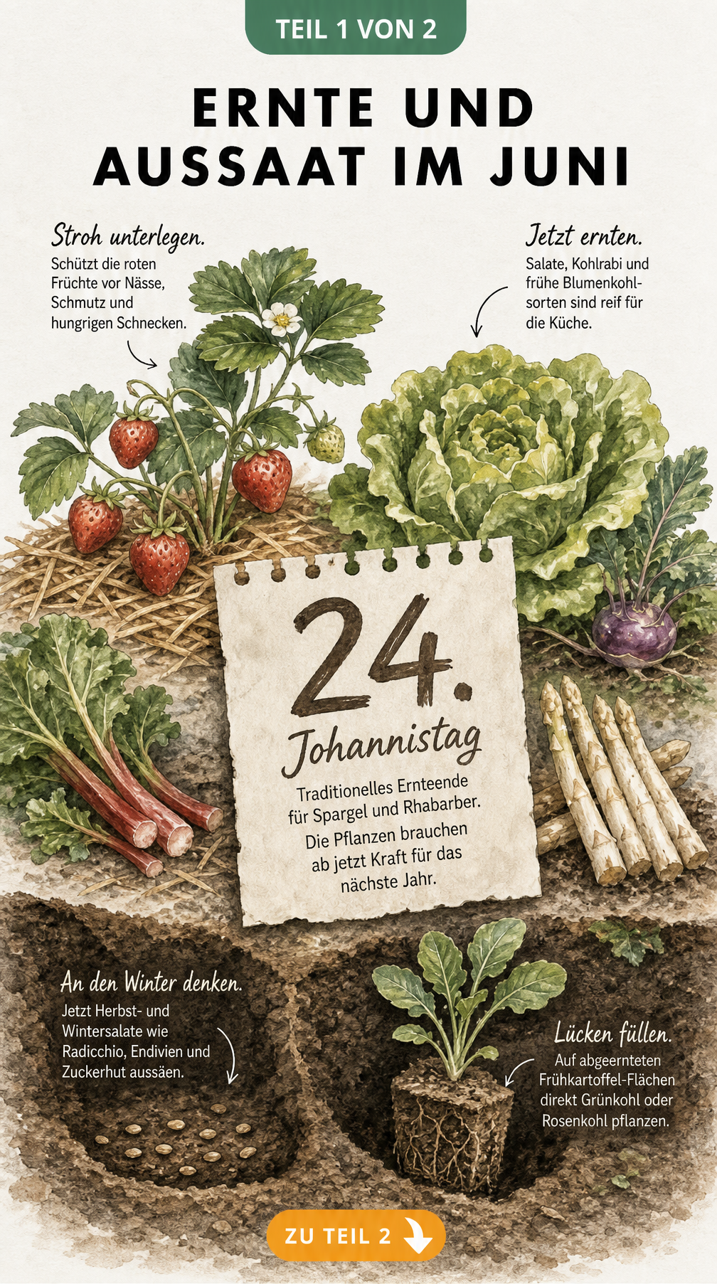 Querschnitt eines Gartenbeets mit Erdbeeren, Salat, Saatgut und Jungpflanzen im Juni