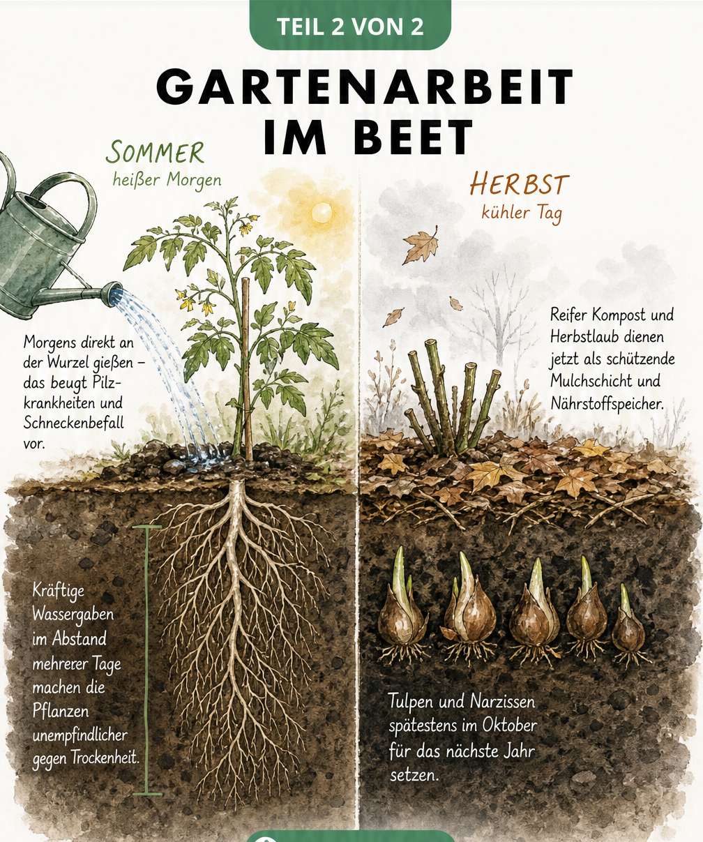 Querschnitt eines Gartenbeets im Sommer und Herbst mit Tipps zum Gießen, Mulchen und Zwiebeln pflanzen
