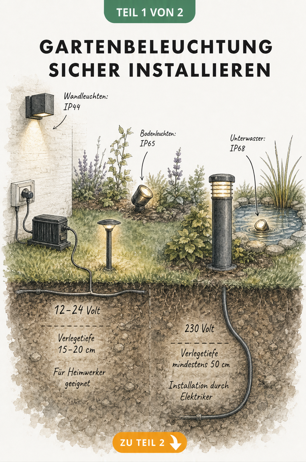 Erdquerschnitt eines Gartens mit Vergleich von Niedervolt- und Hochvoltsystemen für die Gartenbeleuchtung