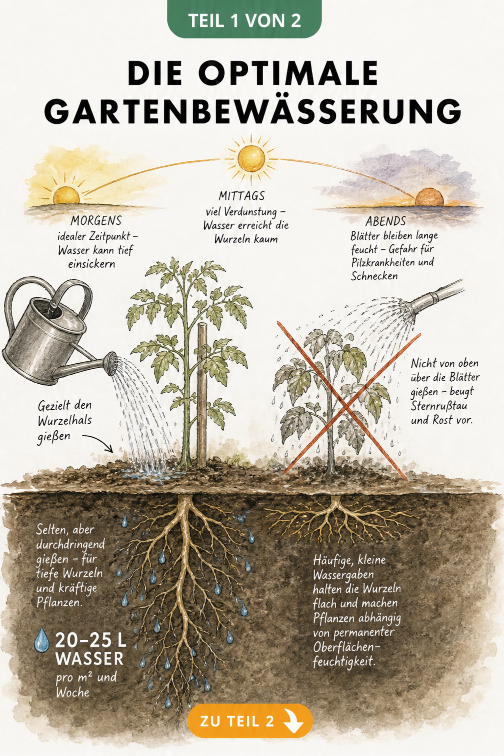 Querschnitt eines Gartenbeets mit Illustrationen zum idealen Gießzeitpunkt, der richtigen Gießtechnik am Wurzelhals und dem Einfluss der Wassermenge auf das...