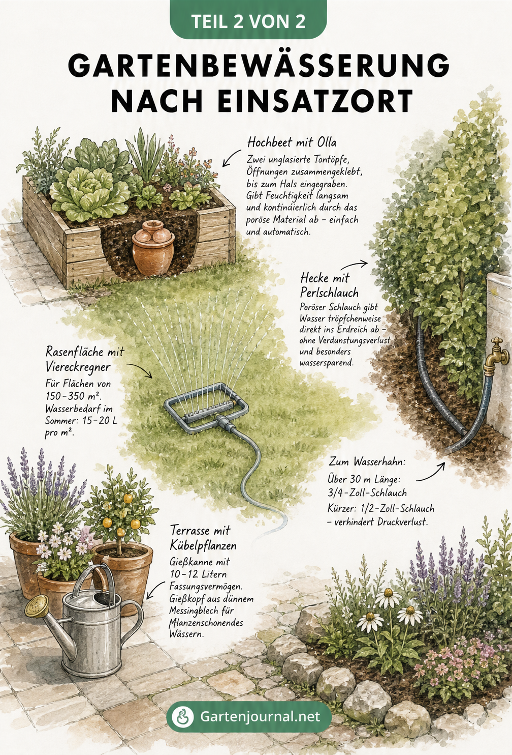 Isometrische Gartenlandschaft mit verschiedenen Bewässerungsmethoden: Gießkanne für Kübelpflanzen, Viereckregner für den Rasen, Perlschlauch für Hecken und...