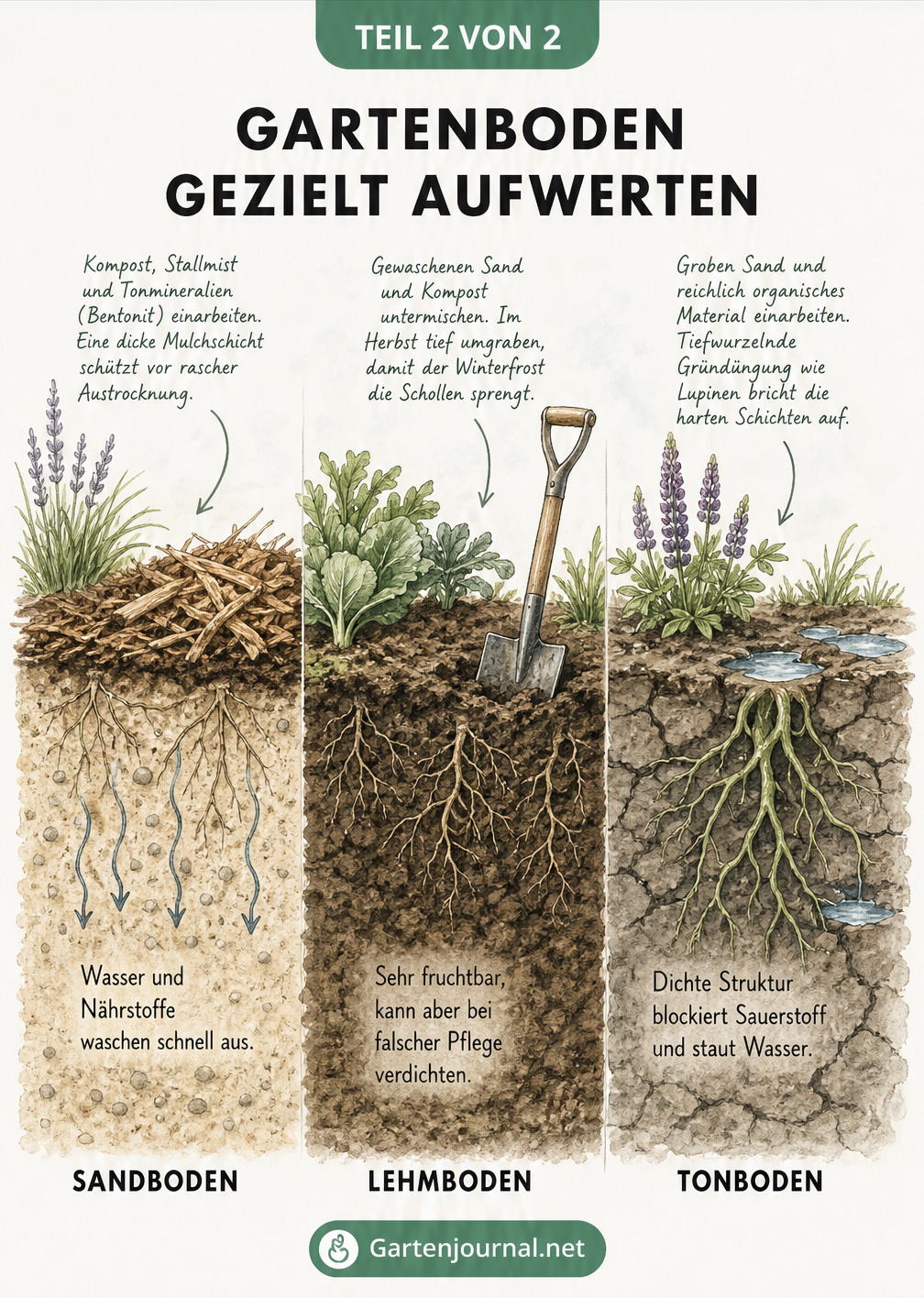 Querschnitt durch Gartenbeete mit Sandboden, Lehmboden und Tonboden sowie Tipps zur Bodenverbesserung