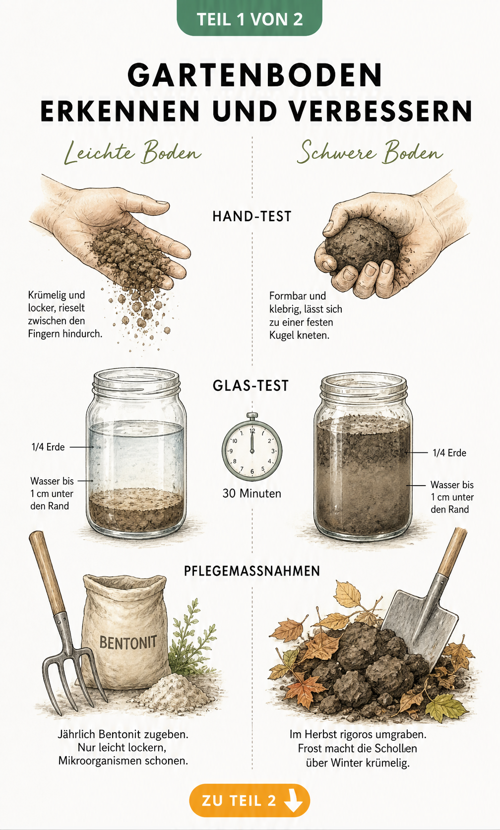 Illustration von leichtem und schwerem Gartenboden mit Hand-Test, Glas-Test und Pflegetipps wie Bentonit und Umgraben