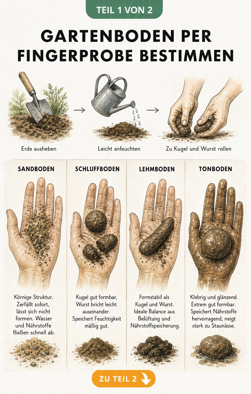 Illustration zur Bestimmung der Bodenart durch die Fingerprobe mit Sandboden, Schluffboden, Lehmboden und Tonboden