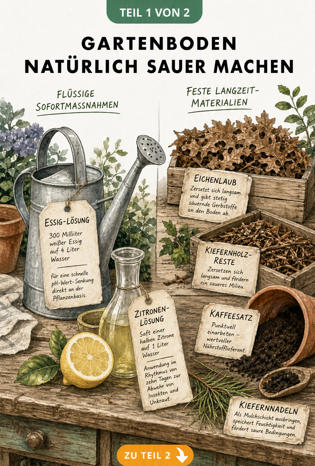 Illustration einer Gartenwerkbank mit Hausmitteln wie Essig, Zitrone, Eichenlaub und Kaffeesatz zum natürlichen Ansäuern des Gartenbodens