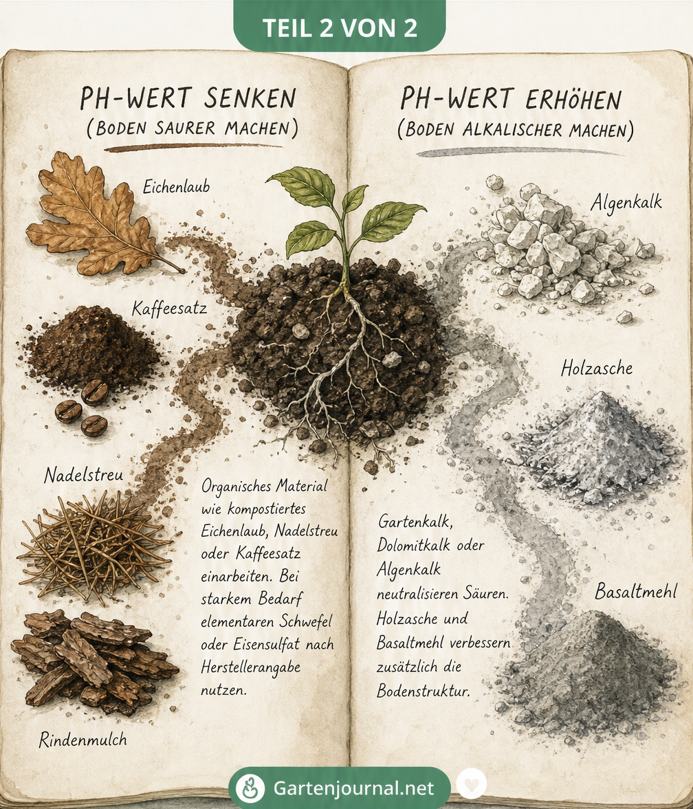 Gezeichnete Hände mit Gartenerde, umgeben von Eichenlaub, Kaffeesatz, Algenkalk und Holzasche