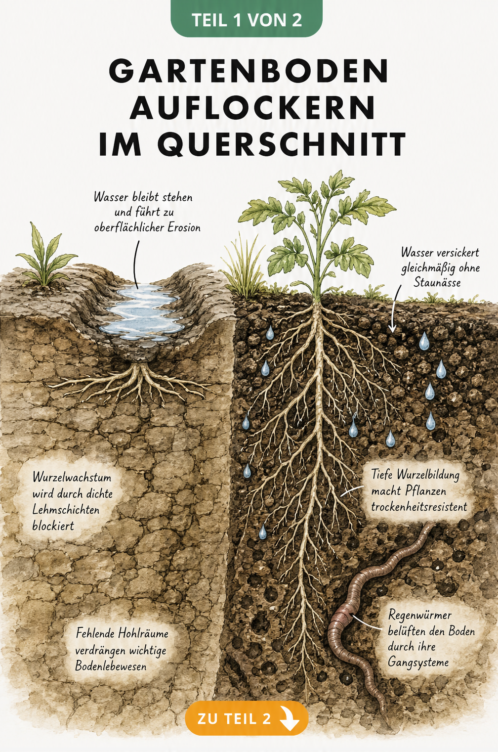 Querschnitt eines verdichteten und eines lockeren Gartenbodens im Vergleich
