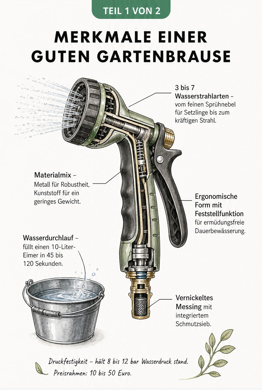 Querschnitt einer hochwertigen Gartenbrause mit Beschriftungen zu Material, Ergonomie und Wasserstrahlarten