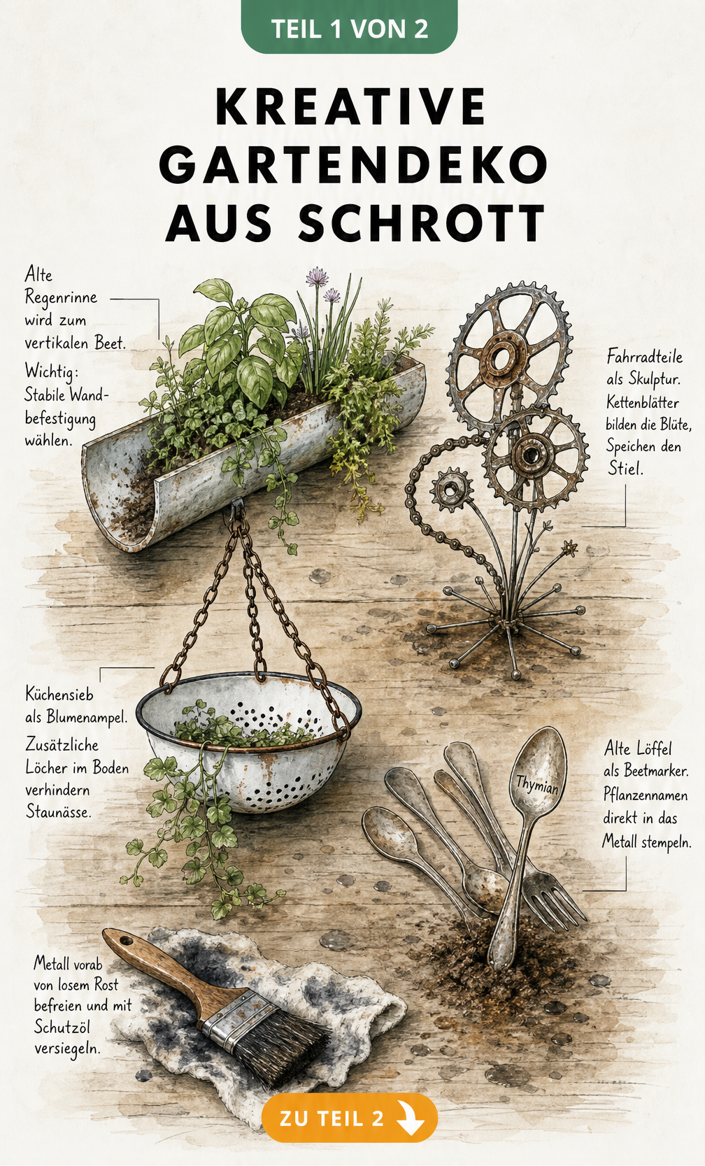 Handgezeichnete Werkbank-Szene mit Gartendeko aus Schrott wie Regenrinne als Beet, Küchensieb als Blumenampel und Fahrradteilen als Skulptur