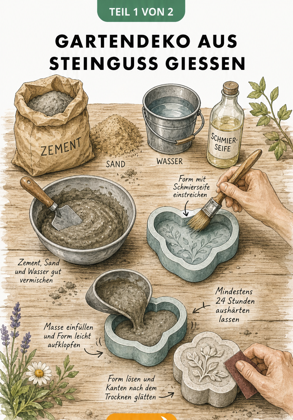 Illustration einer Werkbank mit Materialien und Schritten zum Gießen von Gartendeko aus Steinguss