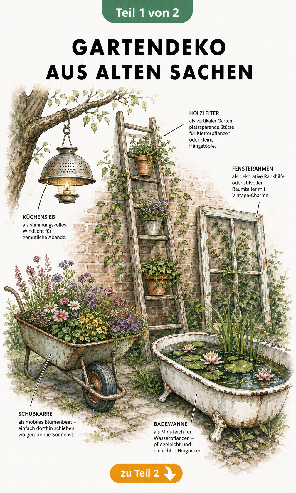 Illustration einer Gartenszene mit Upcycling-Ideen wie einer alten Holzleiter als vertikaler Garten und einer Emaille-Badewanne als Mini-Teich