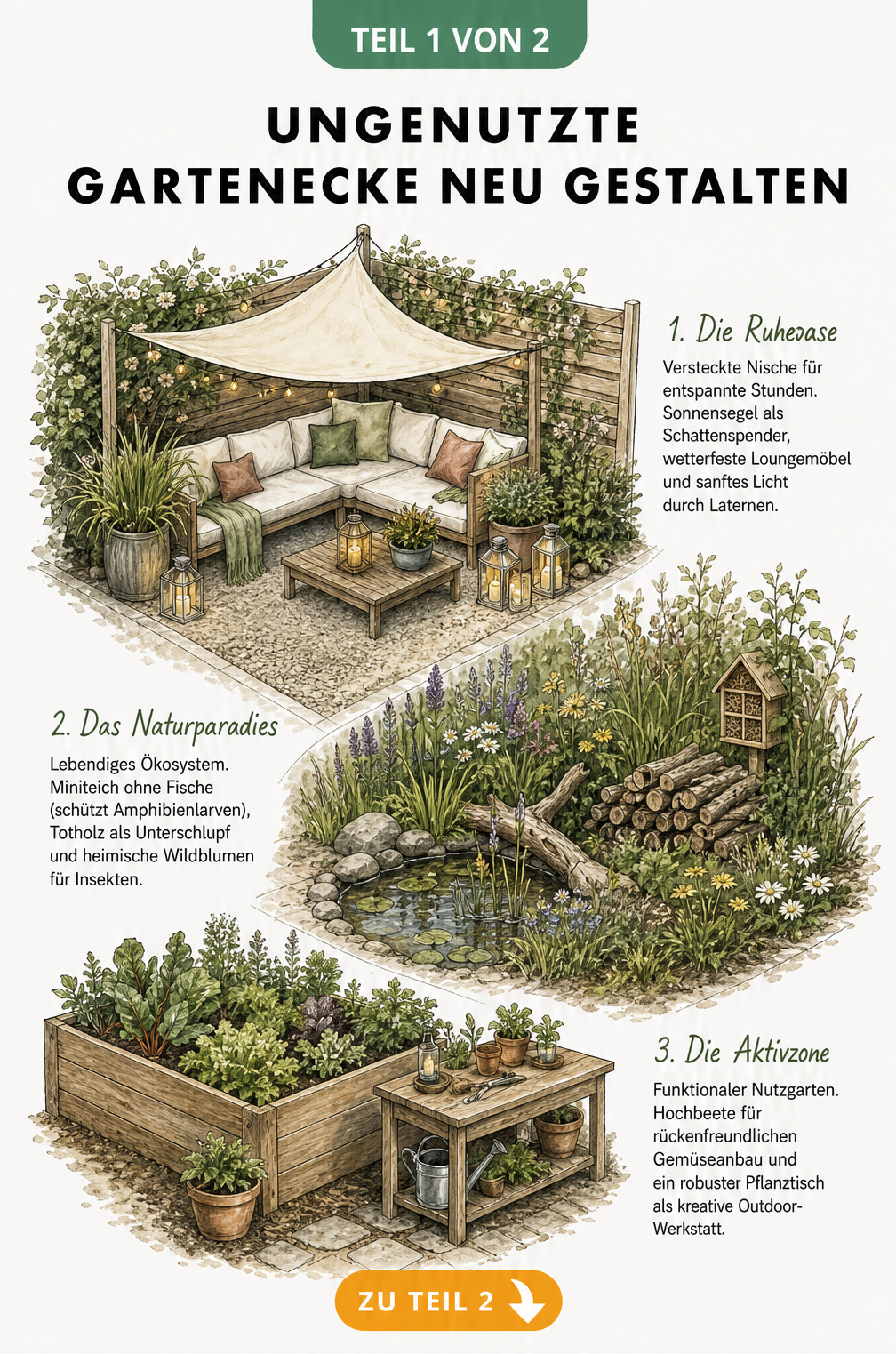 Illustration einer Gartenecke mit drei Gestaltungsideen: Ruheoase mit Sonnensegel, Naturparadies mit Miniteich und Aktivzone mit Hochbeet