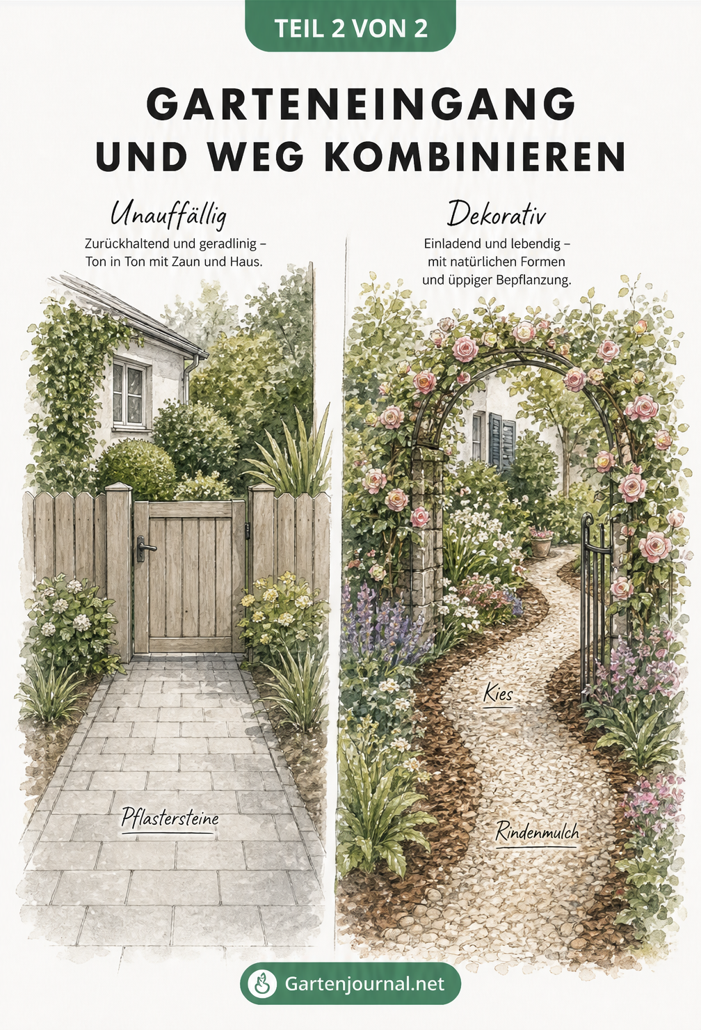 Zweigeteilte Illustration von Garteneingängen: unauffällige Holzpforte mit Pflasterweg vs. dekorativer Rosenbogen mit Kiesweg