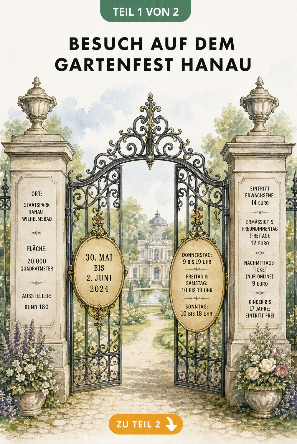 Illustration eines barocken Parktors mit Informationen zu Ort, Ausstellern, Eintrittspreisen und Öffnungszeiten des Gartenfests Hanau