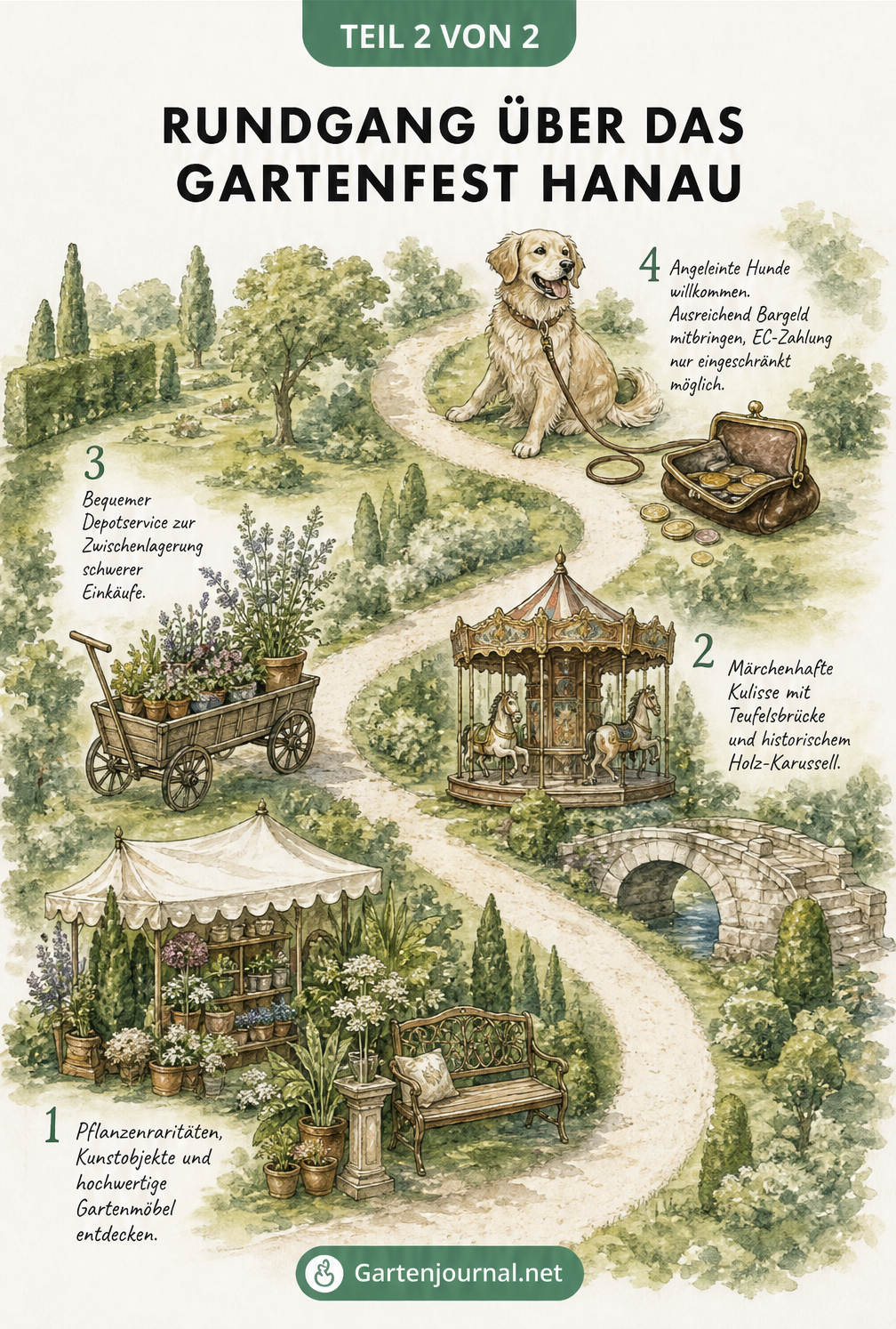 Gezeichnete Landkarte eines barocken Parks mit Stationen für Pflanzenraritäten, historischem Karussell, Depotservice und Hinweisen für Hunde