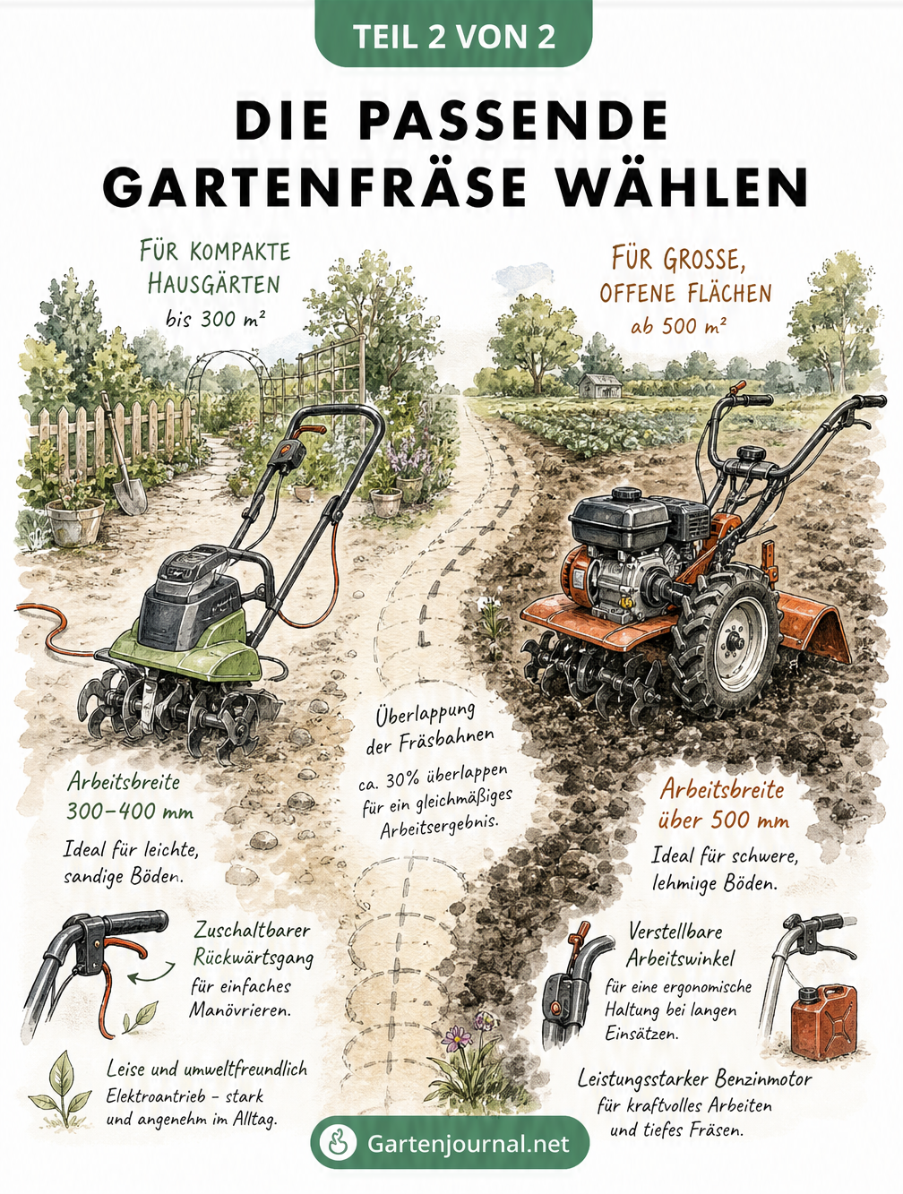 Gegenüberstellung einer kompakten Motorhacke für kleine Gärten und einer massiven Benzin-Gartenfräse für große Flächen, mit Angaben zu Arbeitsbreite und...