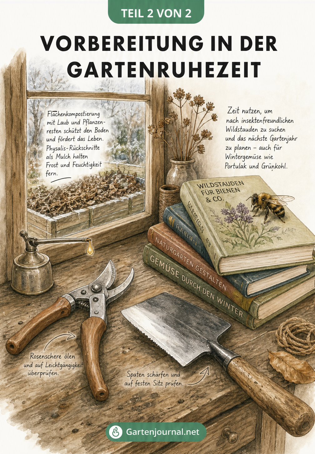 Werkbank im Holzschuppen mit geschärftem Spaten, geölter Rosenschere und Gartenbüchern zur Vorbereitung