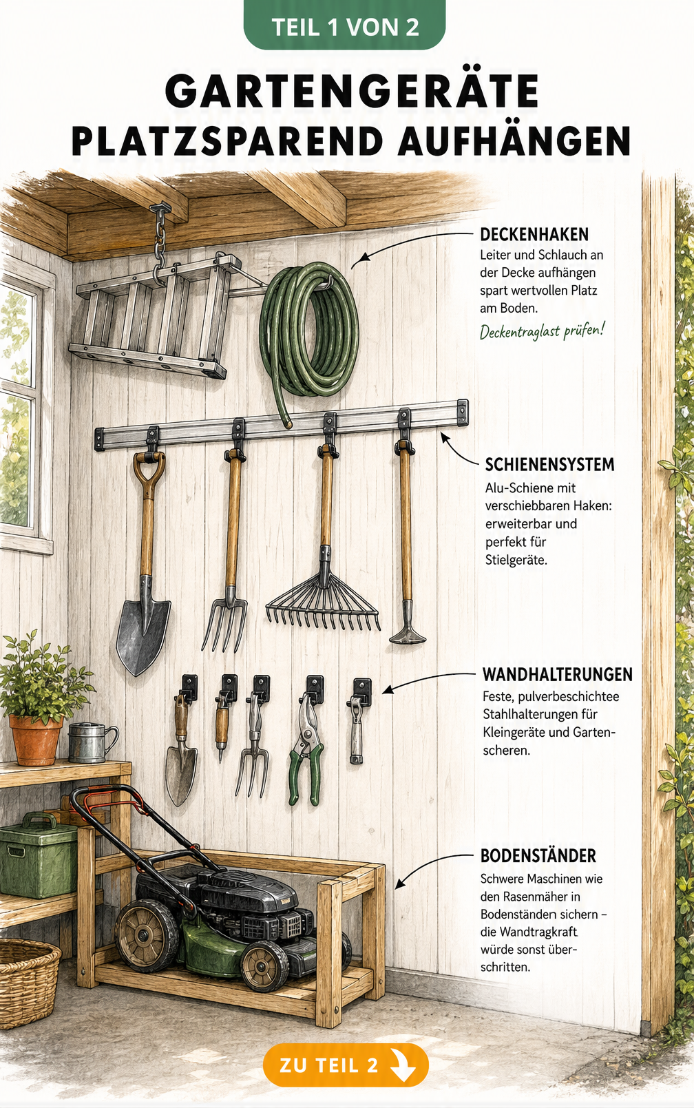 Illustration einer aufgeräumten Gartenschuppen-Wand mit Deckenhaken, Schienensystem und Wandhalterungen für Gartengeräte