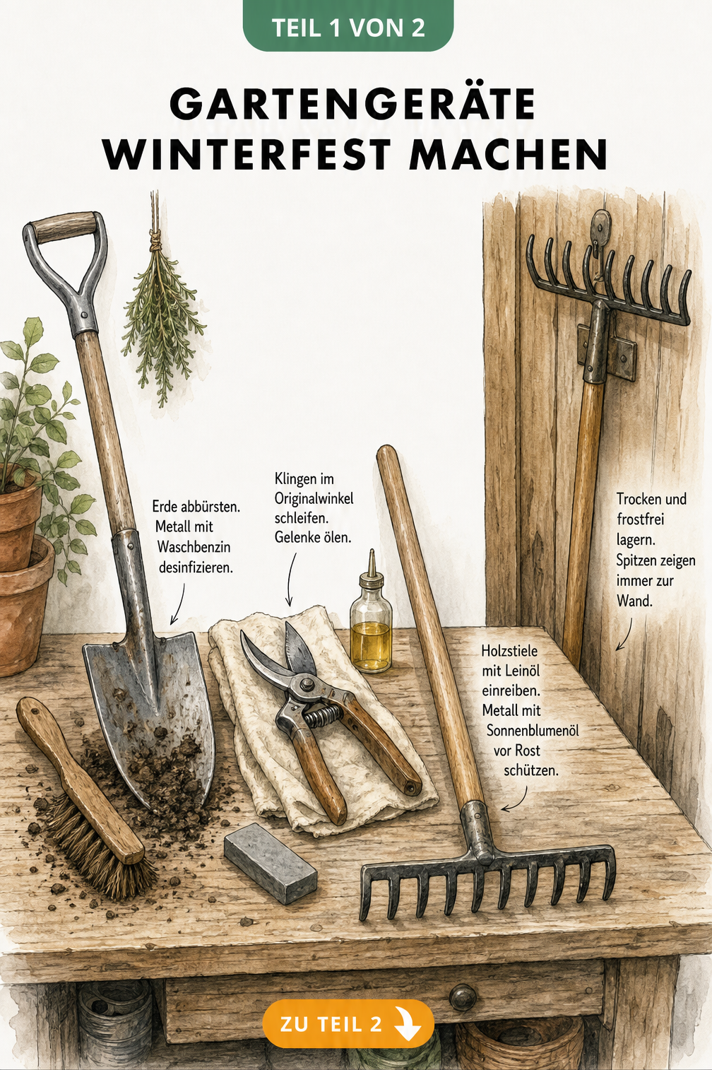 Illustration einer Werkbank mit Spaten, Gartenschere und Harke zur Vorbereitung auf den Winter