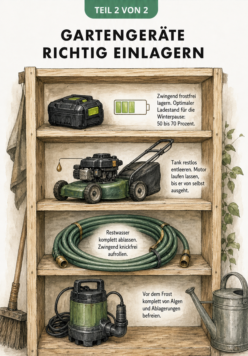 Illustration eines Holzregals mit Akku, Rasenmäher, Gartenschlauch und Wasserpumpe im Winterquartier