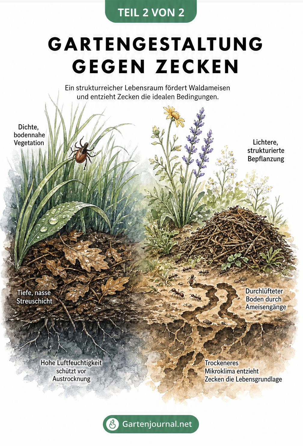 Querschnitt eines Gartenbodens, der die Unterschiede zwischen einem feuchten Zecken-Milieu und einem trockenen Ameisen-Revier zeigt