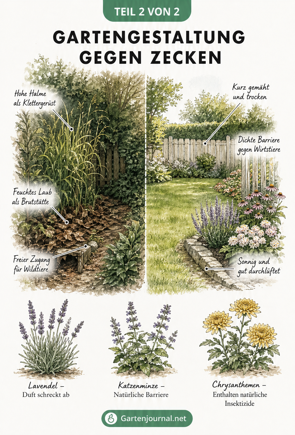 Vergleich zwischen einem unaufgeräumten Garten als Zecken-Paradies und einem gepflegten, sonnigen Garten als Schutzzone mit abwehrenden Pflanzen