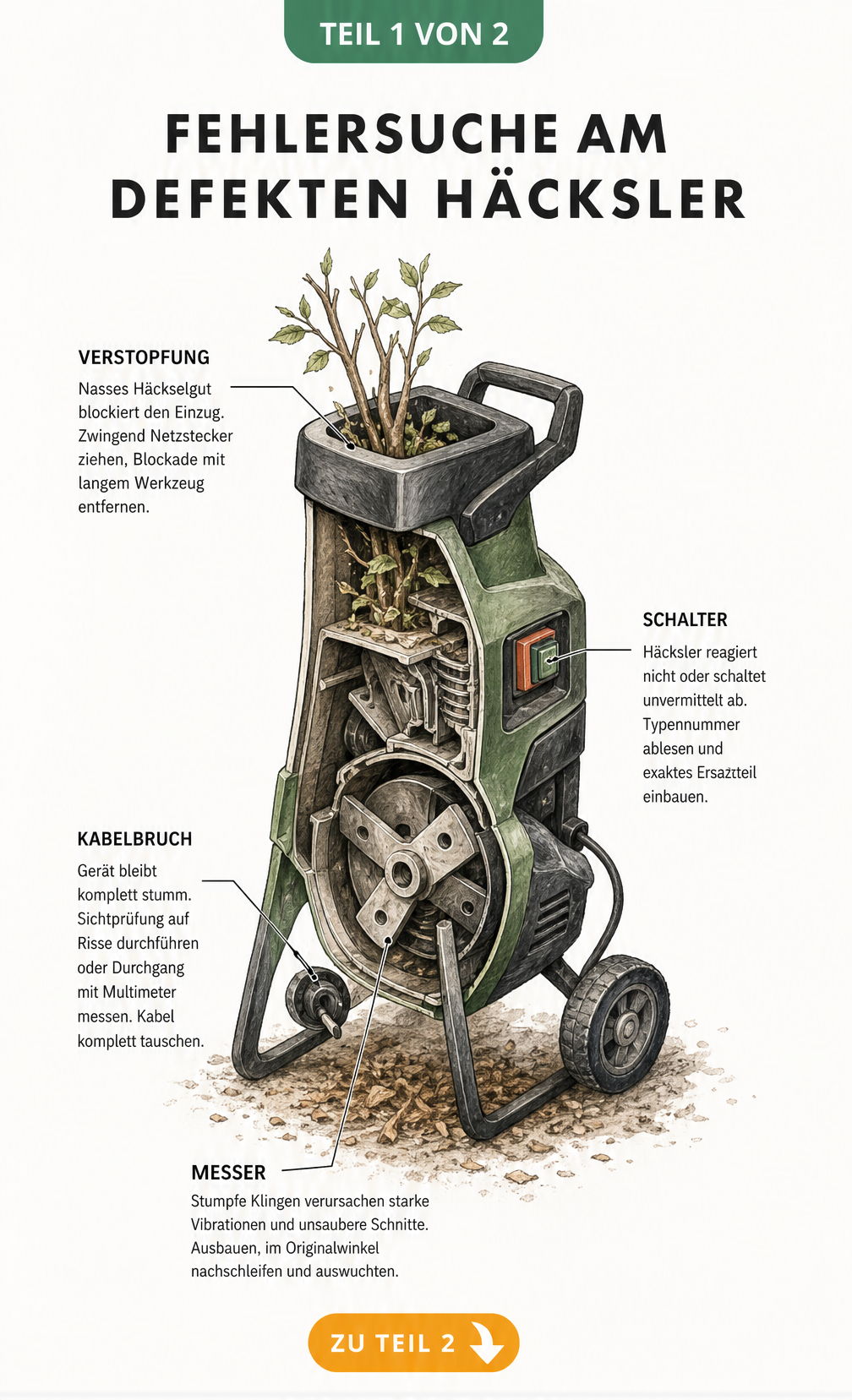 Illustration eines Gartenhäckslers im Querschnitt mit Hinweisen zur Fehlersuche bei Verstopfung, stumpfen Messern, Kabelbruch und defektem Schalter