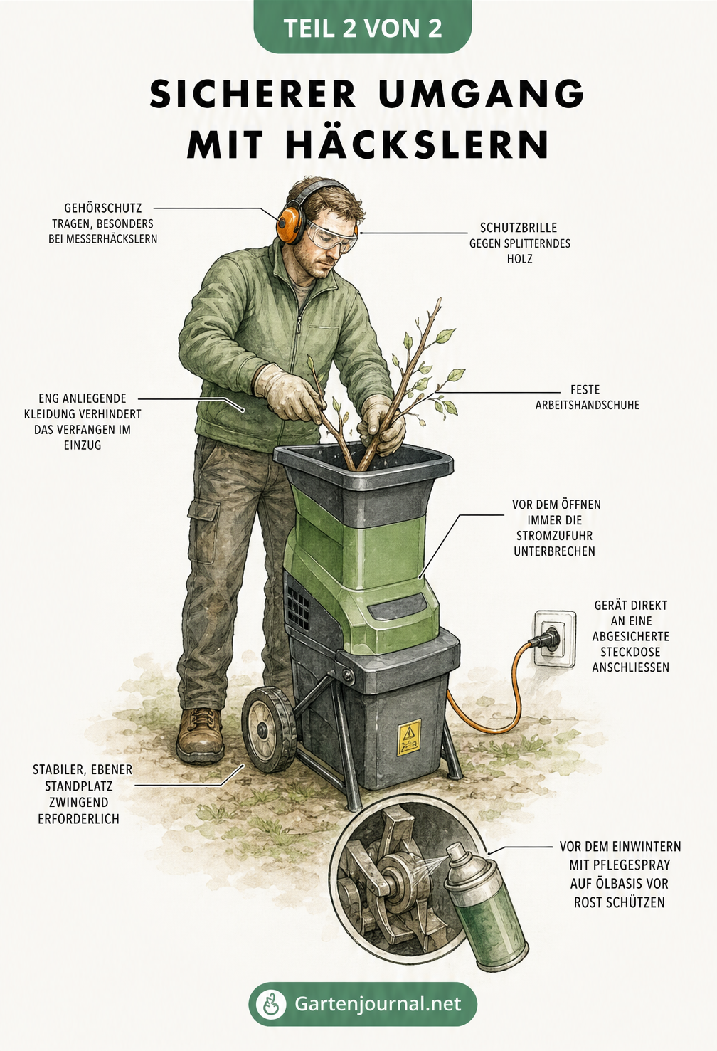 Illustration einer Person am Gartenhäcksler mit Hinweisen zur Schutzkleidung