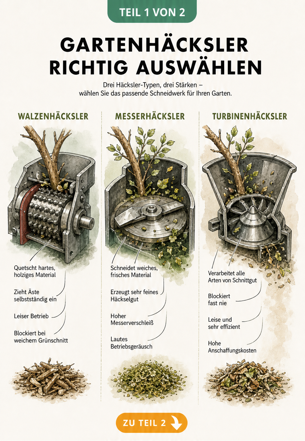 Technische Skizze der drei Gartenhäcksler-Typen: Walzenhäcksler, Messerhäcksler und Turbinenhäcksler mit ihren Eigenschaften