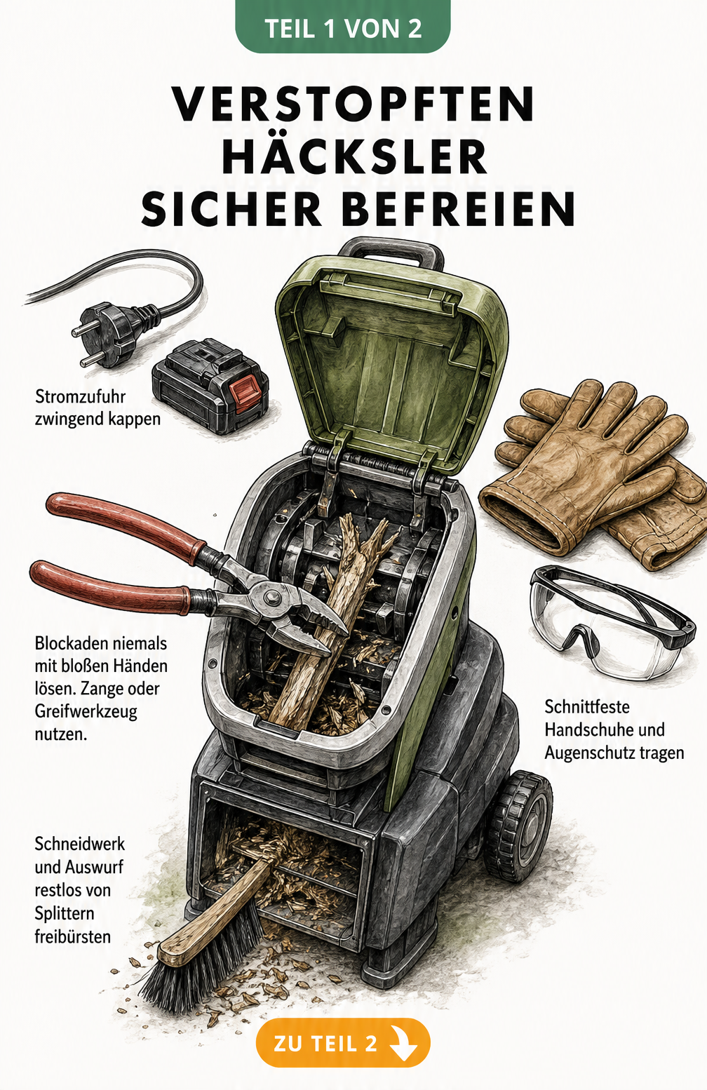 Illustration eines geöffneten Gartenhäckslers mit Werkzeugen zur sicheren Beseitigung einer Verstopfung