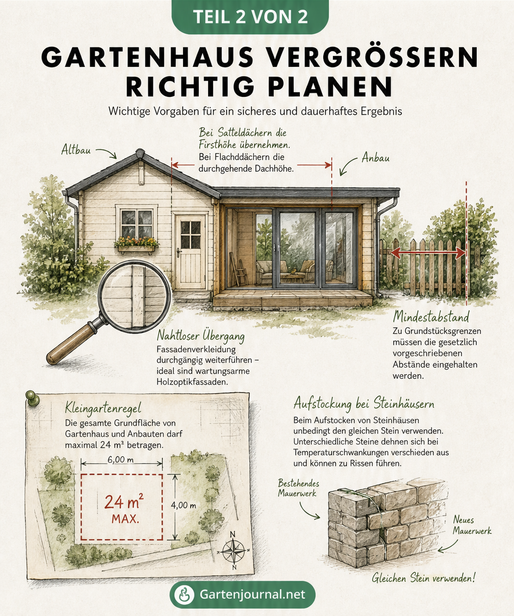 Bauplan-Skizze eines Gartenhauses mit Hinweisen zu Dachhöhe, Mindestabständen und Materialwahl beim Anbau